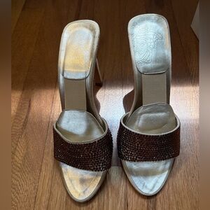 Versace Gold and Bronze Heels with Crystal Embellishments